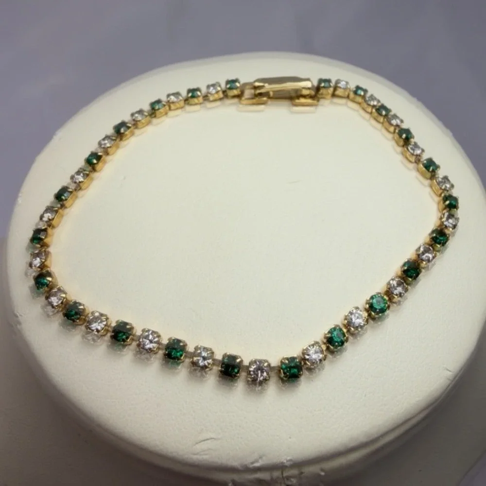 14KGS Gold Tone Emerald Green and Clear Crystal Tennis Bracelet Round Cut Link